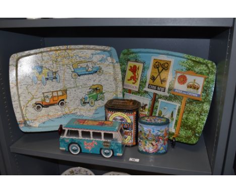 Two vintage trays and three novelty tins