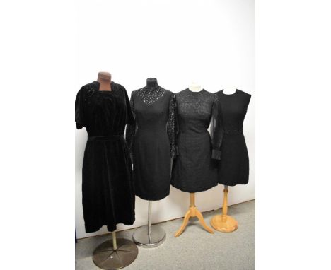 Three 1960s dresses and a vintage black velour beaded dress with belt in a larger size.