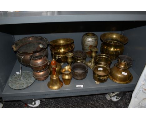 A collection of mixed vintage brass ware and similar, including planters, plant atomiser, rose bowl and more.