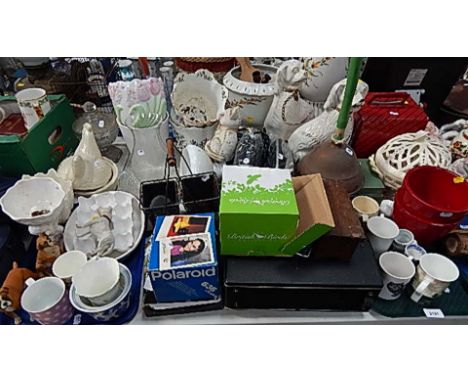 Household effects, a cream pierce design basket, record case, copper wares, a pair of Staffordshire style dogs, speakers, var