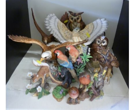 A quantity of bird figures including Beswick bald and golden eagles, whisky decanters, Goebel owl, Lenox, Country Artists, li