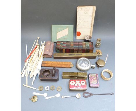 A quantity of collectables including crochet hooks, bowls measure, tins, tools etc