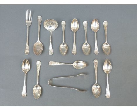 A set of ten Victorian hallmarked silver teaspoons and tongs, Sheffield 1894 together with a sifter spoon Sheffield 1903 and 