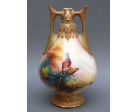 Royal Worcester twin-handled pedestal vase decorated with pheasants, signed R Lewis, shape H305, 18cm tall