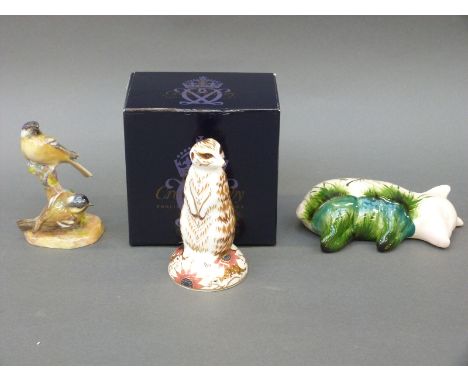 Royal Crown Derby meerkat paperweight with box, Royal Worcester birds and a pottery pig marked Griselda Hill Pottery and Wemy