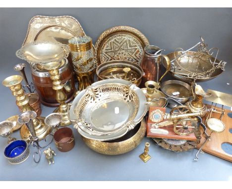 A collection of metalware, plated ware, scales etc