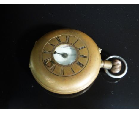 Liga Superior Timekeeper gold plated half hunter keyless winding pocket watch with Roman numerals to the case and white ename