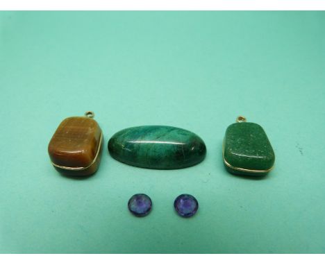A turquoise cabochon, tiger's eye pendant, adventurine quartz and two round cut amethyst