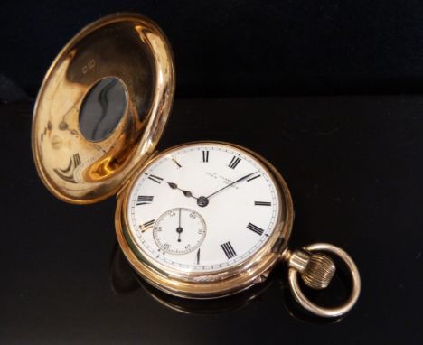 J Clare of Port Talbot 18ct gold half hunter keyless winding gentleman's pocket watch with Roman numerals, inset subsidiary s