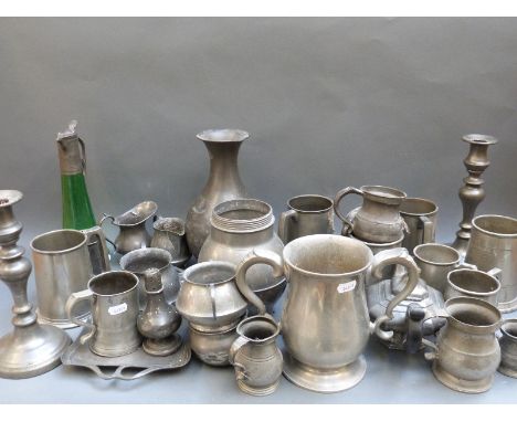 A quantity of mainly 18thC and later pewter including Arts and Crafts, Hutton, Sheffield teaware, Art Nouveau glass jug and t