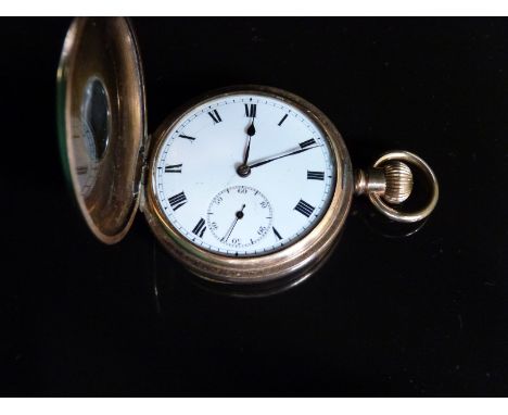 Gold plated half hunter keyless winding pocket watch with inset subsidiary seconds dial, Roman numerals and blued hands to th