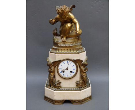 Leroy et Fils marble and gilt ormulu 19thC figural mantel clock with figures of Cupid either side and larger Cupid surmountin