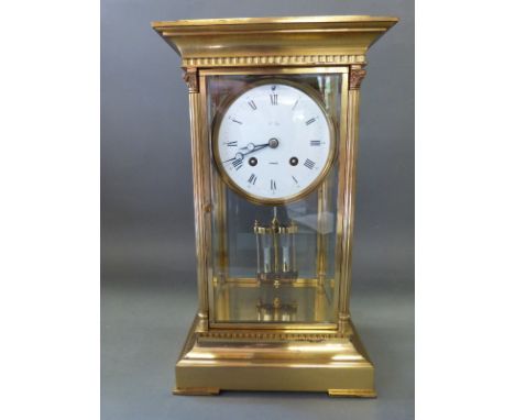 L'Epee French brass four glass two train mantel clock, striking on a bell, 4" white enamelled Roman dial with breguet hands, 