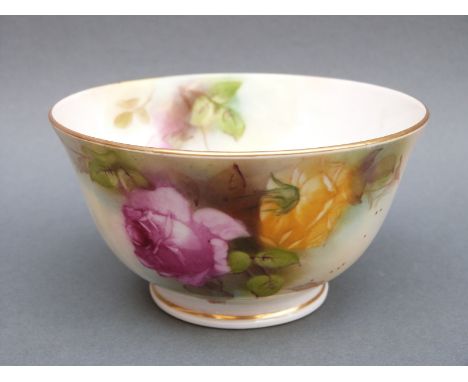 Royal Worcester pedestal bowl decorated with roses with puce mark to base, diameter 12cm