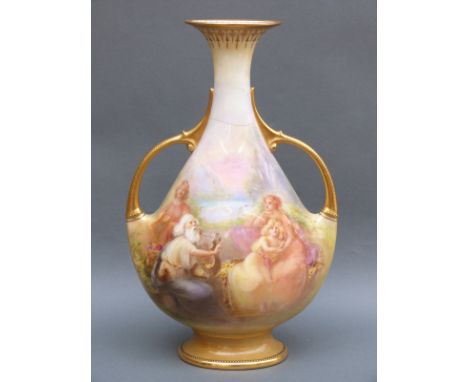 Royal Doulton twin handled vase of flattened globular form, decorated with classical scenes of a bard playing music to young 