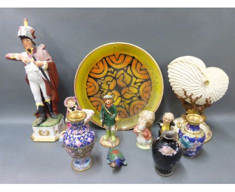 A collection of ceramics including Royal Worcester nautilus shell, Poole plate, Beswick, cloisonné vases, Doulton figure, Dre