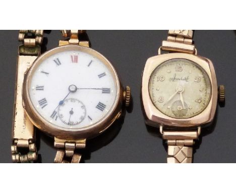 Two 9ct gold ladies wristwatches one with Roman numerals, subsidiary seconds dial, blued hands and white enamel dial, on roll
