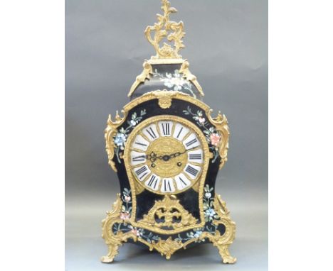 A contemporary mantel clock in 19thC French style painted case, German movement with 'ting tang' striking on a bell, half hou