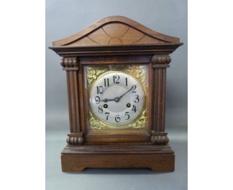 A c1900 architectural style mantel clock with silvered Arabic dial, blued steel hands & gilt spandrels, the two train movemen