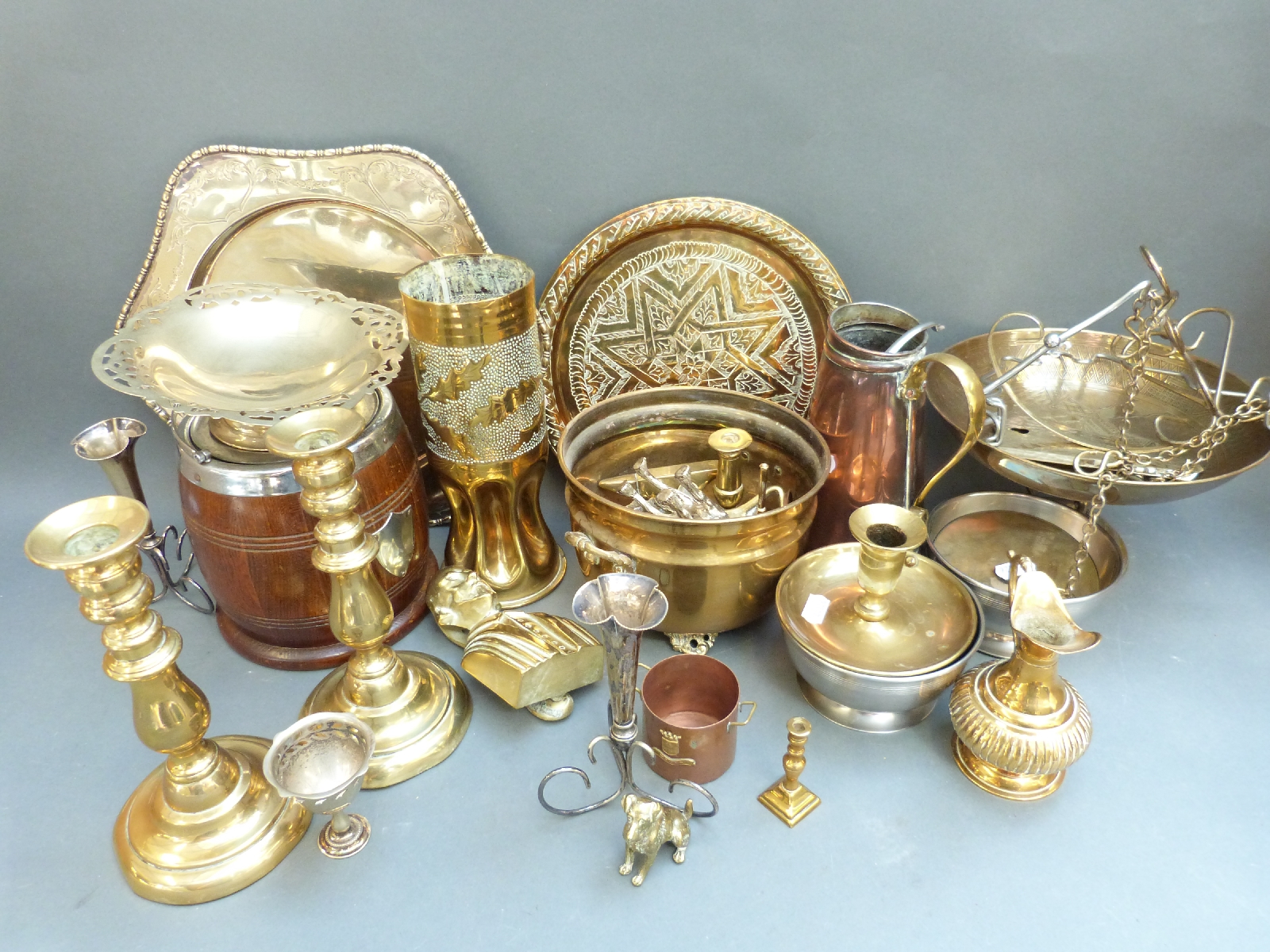 A collection of metalware, plated ware, scales etc