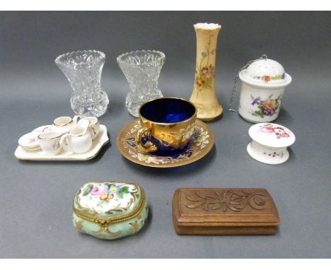 A collection of ceramic and glass cabinet pieces including Royal Worcester, miniature tea set, pill box etc