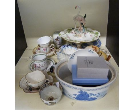 A collection of ceramics to include Royal Crown, Derby tazza, Victorian aesthetic period teaware, Bilston enamel pill box etc