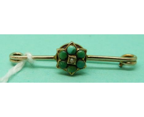 A Victorian forget-me-not brooch set with turquoise and a seed pearl, with glass compartment verso