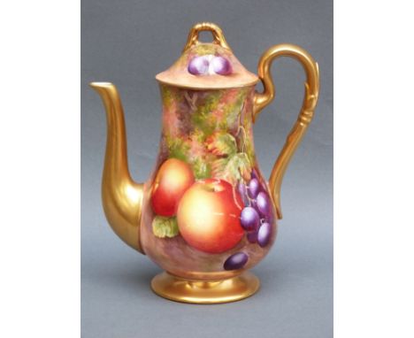 Royal Worcester painted fruit coffee pot signed E Townsend, puce mark to base, 21cm tall