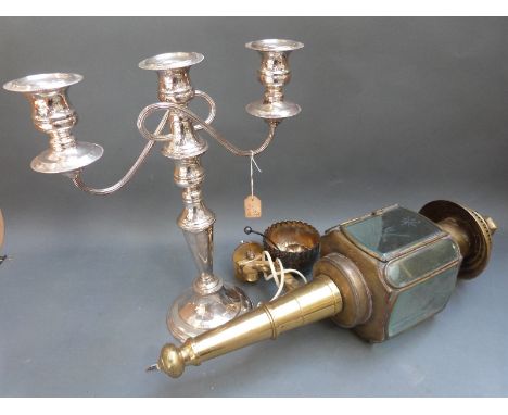 A coaching or wall lamp with bevelled and cut glass panels, three branch candelabra and a plated sugar bowl and sifter spoon