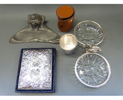 A boxed leather and hallmarked silver unused address book, graduated plated hunting cups, plated dish with duck finial and an