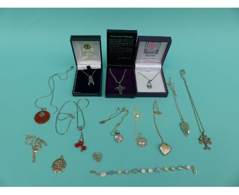 Three silver necklaces, three silver heart lockets, silver and mother of pearl bracelet, four other silver pendants etc 