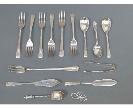 A set of six Art Deco style hallmarked silver dessert forks, London 1945 maker Josiah Williams & Co, together with quantity o
