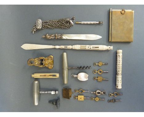 A quantity of collectables to include mother of pearl letter opener, watch keys, pencils etc