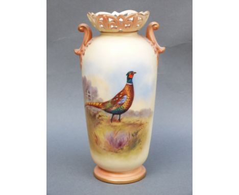 Locke & Co Worcester vase decorated with a pheasant on blush ivory ground, 16cm tall