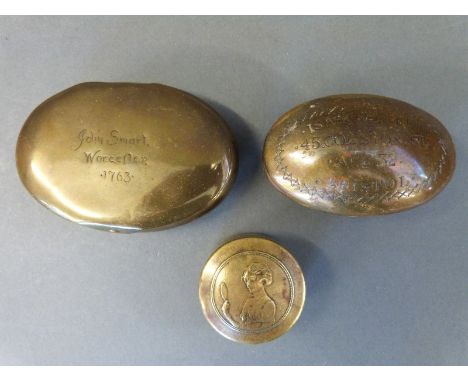Three brass snuff boxes/pots, one engraved Isaac Bennett, 45 Colston St, age 32, Bristol and another engraved John Smart, Wor