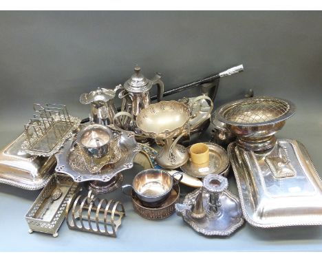 A quantity of silver plate including teaware, Art Nouveau tazza, serving dishes, swagger stick etc