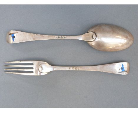 A Dutch white metal fork and spoon with enamel, possibly shipping interest flags, with anchor and ZZV, length approximately 2