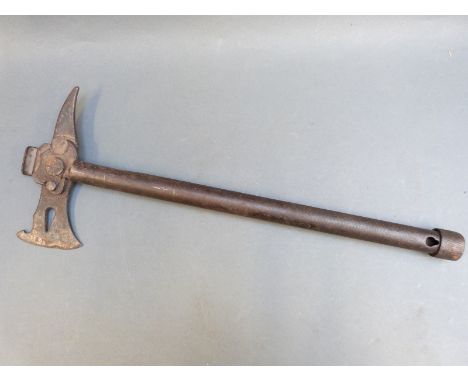 A vintage fireman's or escape axe with hinged cutting facility, length 44.5cm
