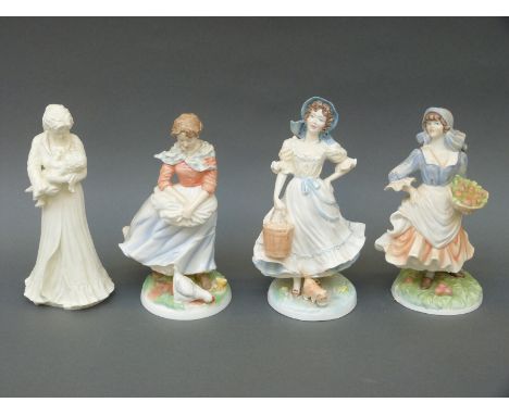 Four Royal Worcester figurines including three from the Old Country Ways Series Milkmaid, Rosie Picking Apples, Farmer's Wife