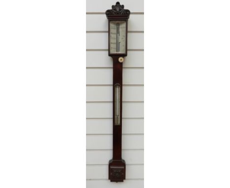 White & Barr of Glasgow, 19thC mahogany stick barometer, lightly carved case to both ends, ivorine indicator calibrated with 