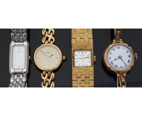 Four ladies wristwatches comprising a 9ct gold eaxample with Roman numerals, blued hands and white enamel dial, on expanding 
