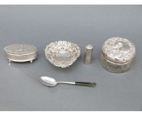 A George V hallmarked silver trinket box with stag to lid, Chester 1910, length 7cm, a hallmarked silver-lidded dressing tabl
