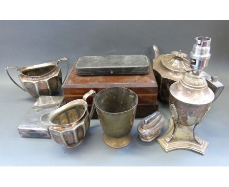 Mappin Brothers plated table lamp, cased cutlery sets, tea set, and coins including pre-1947 etc