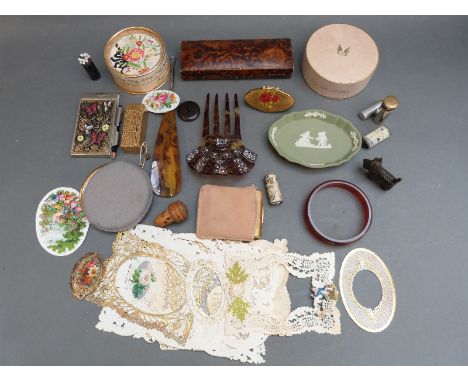 A quantity of collectables including mascot compact, Victorian scraps, pins, bangle etc