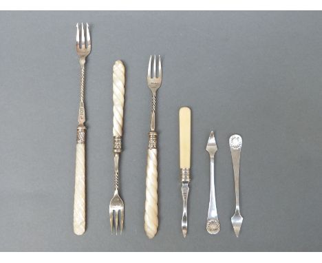 Three mother-of-pearl-handled hallmarked silver pickle forks, two Sheffield 1889 one Sheffield 1893, length of longest 22cm, 