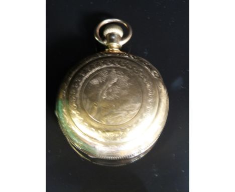 Elgin gold plated full hunter gentleman's pocket watch with inset subsidiary seconds dial, Roman numerals, blued hands, white