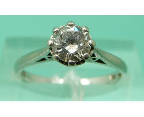 A platinum ring set with round cut solitaire diamond of approximately 0.5ct (size K)