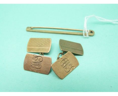 A pair of 9ct gold engine turned cufflinks and a 9ct gold tie pin, 7.3g