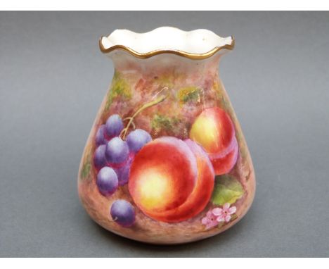 Royal Worcester vase with frilled neck decorated with painted fruit, signed R Love, shape G957, 8cm tall