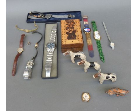 A collection of various ladies and gentleman's wristwatches including Swatch, Tommy Hilfiger, etc together with an inlaid cri
